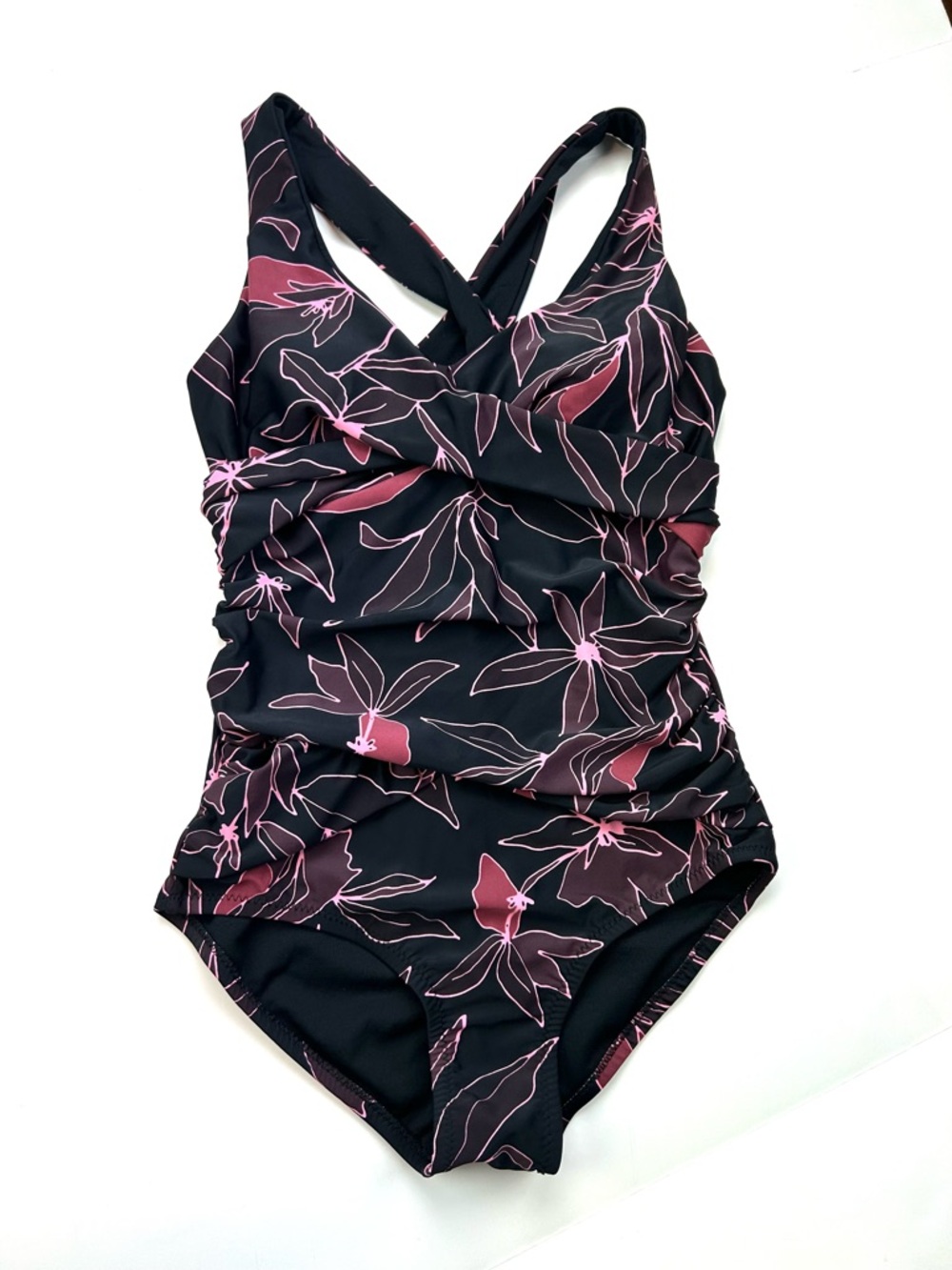 Eddie Bauer ruched one piece swimsuit size S black floral print